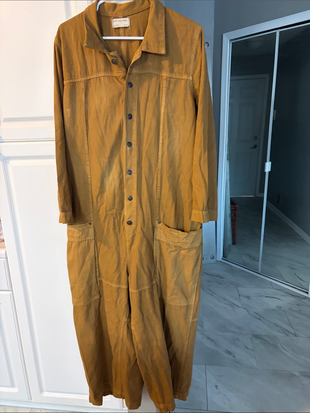 Free People We The Free Rigit Mustard Utility Button-Up Jumpsuit XL